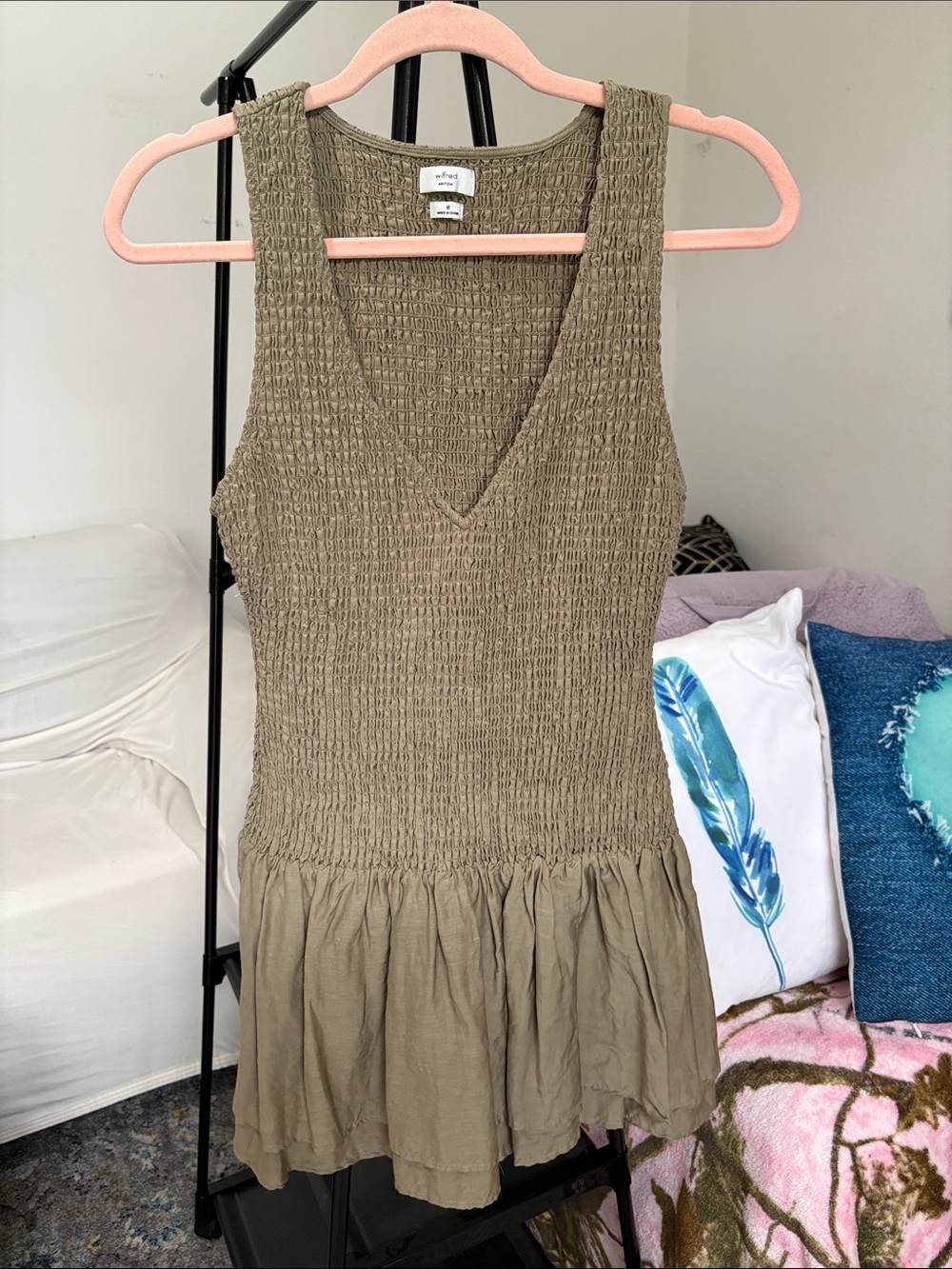 Aritzia Olive Green Smocked V-Neck Mini Dress